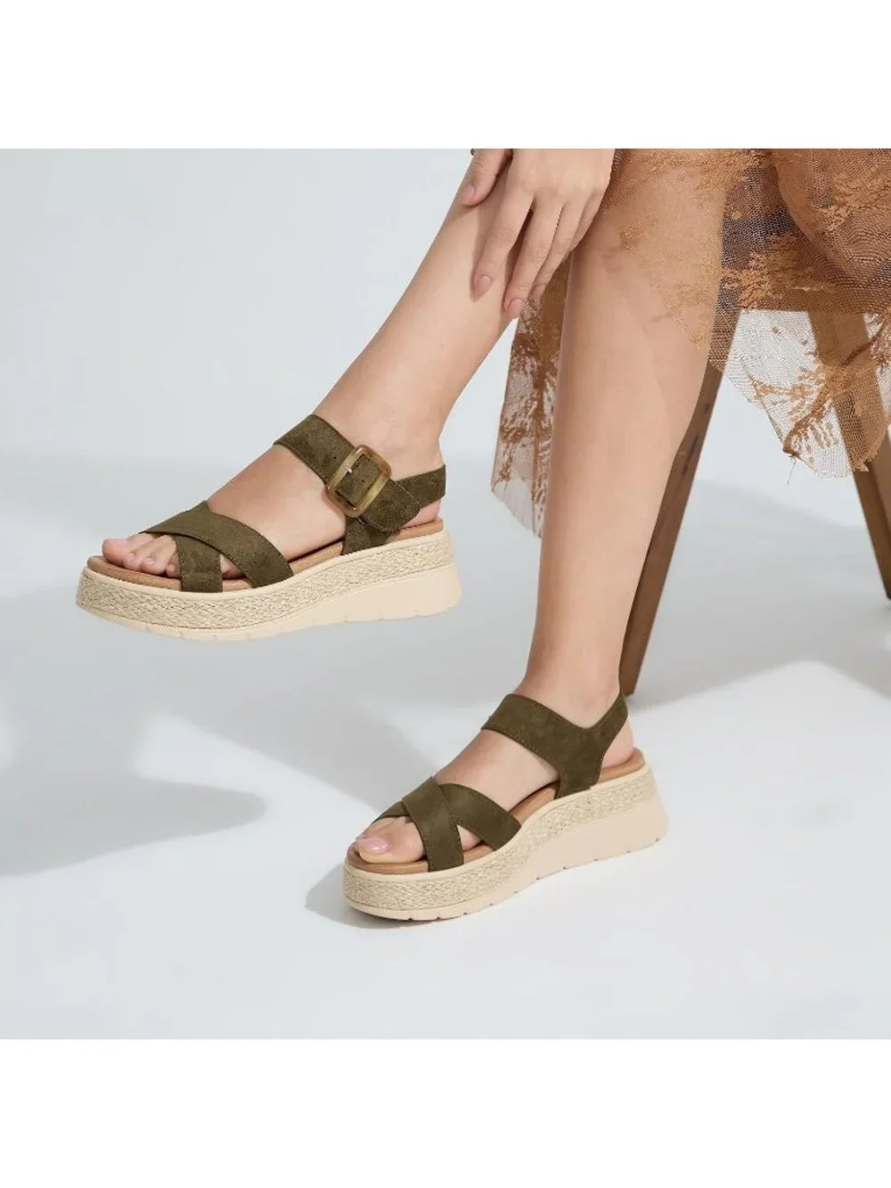 Womens Green Comfortable Solid Espadrille Low Wedge Heel Platform Sandal Shoes